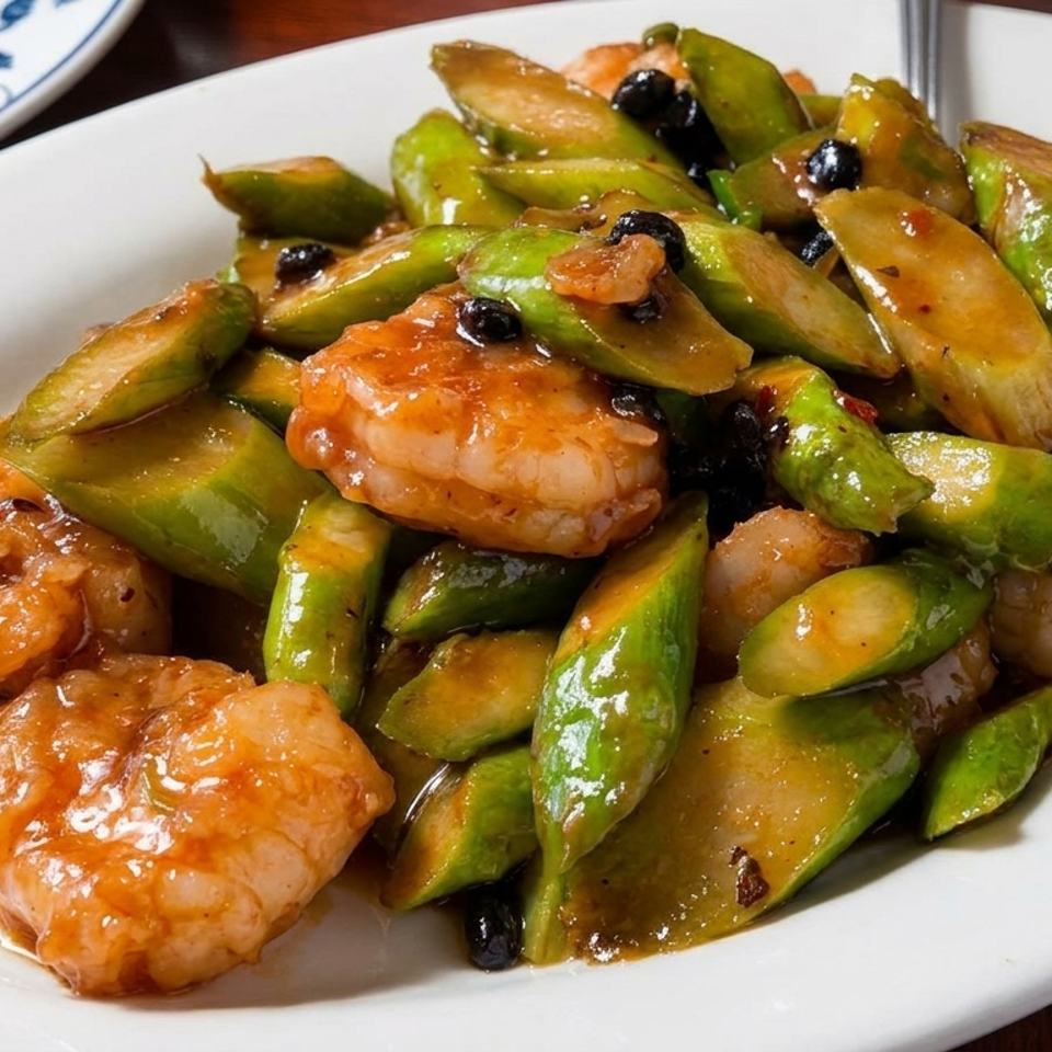 Glazed shrimp stir-fried with green vegetables and black beans, served on a white oval plate.